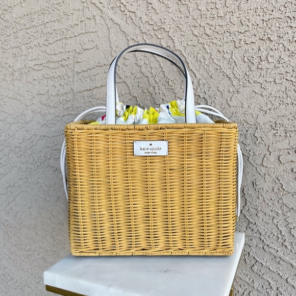 KATE SPADE Wicker Rattan Lemon Zest Printed Woven Picnic Satchel Box Bag - Picture 16 of 16